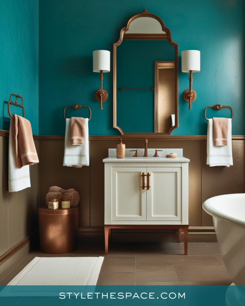 Elegant Teal Bathroom With Warm Metallic Accents