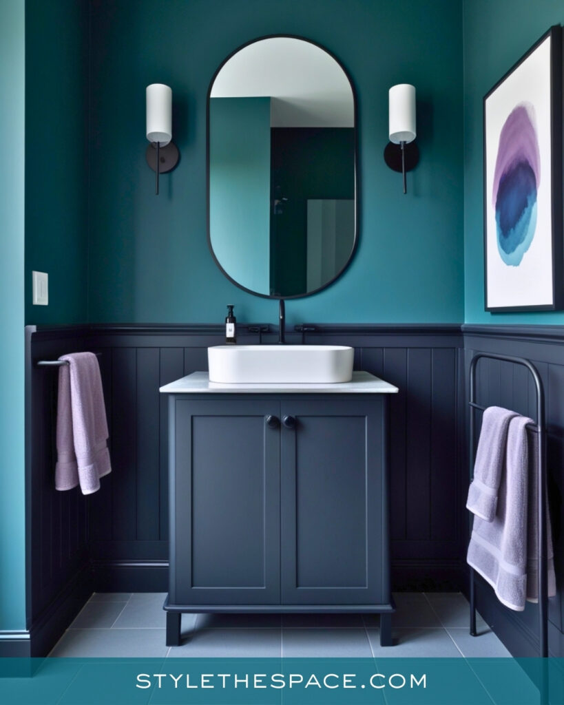 Modern Teal Bathroom With Dark Wainscoting