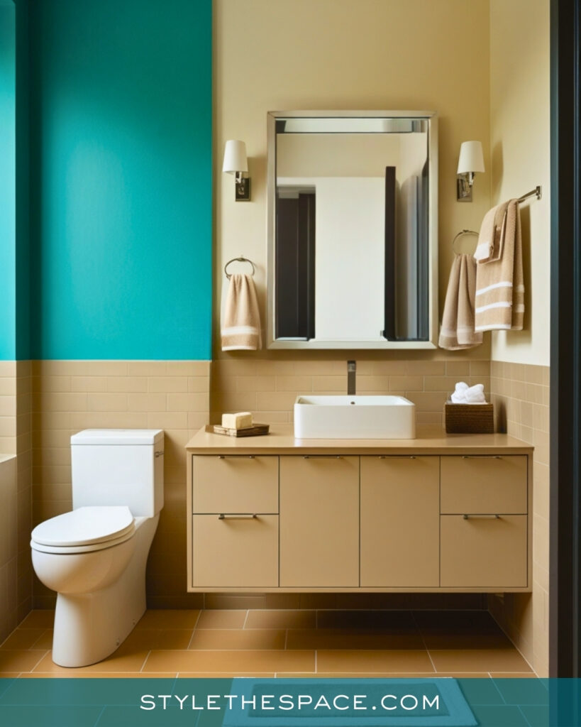 Teal Bathroom With Warm Beige Balance