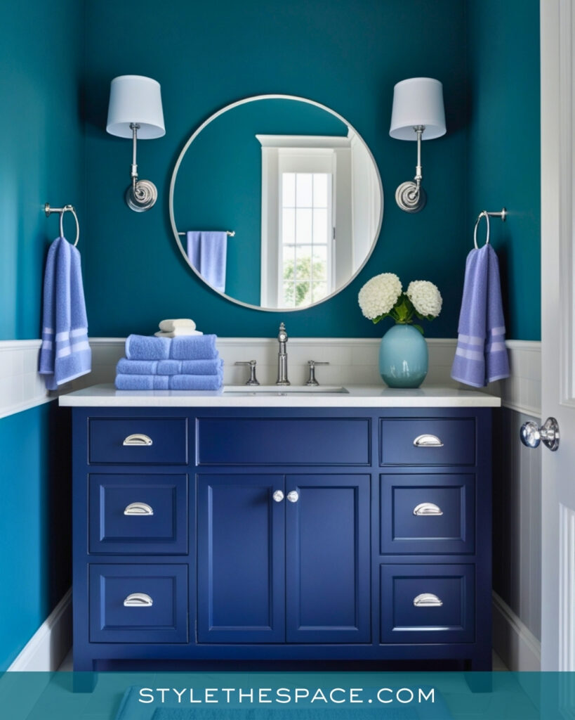Teal Bathroom With Navy Vanity and Classic Details