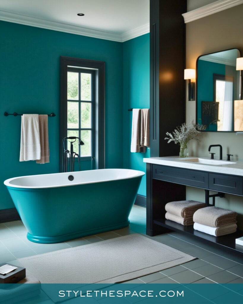 Elegant Teal Bathroom With Freestanding Tub