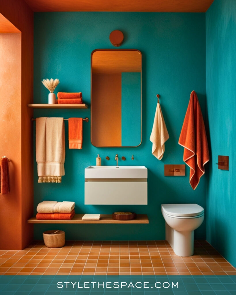 Teal Bathroom With Warm Terracotta Accents