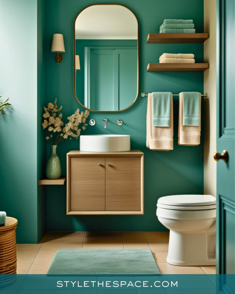 Teal Bathroom With Floating Wood Vanity