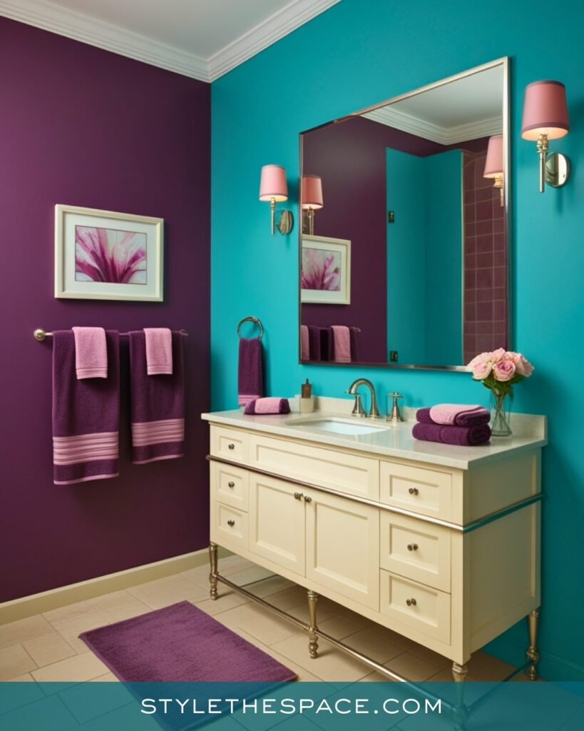 Teal and Purple Bathroom With Classic Contrast