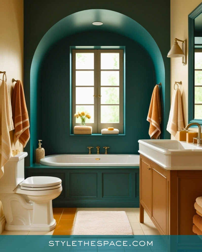 Classic Teal Bathroom With Arched Alcove