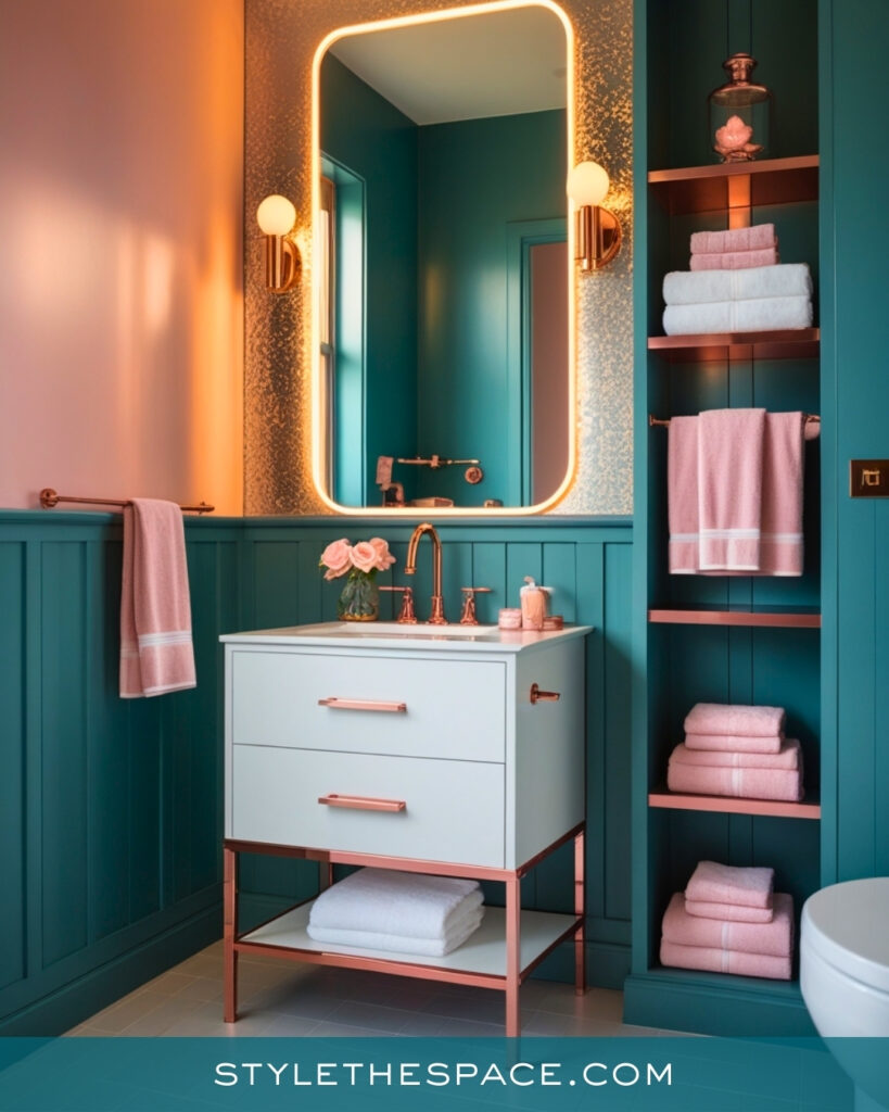 Teal Bathroom With Blush and Rose Gold Accents