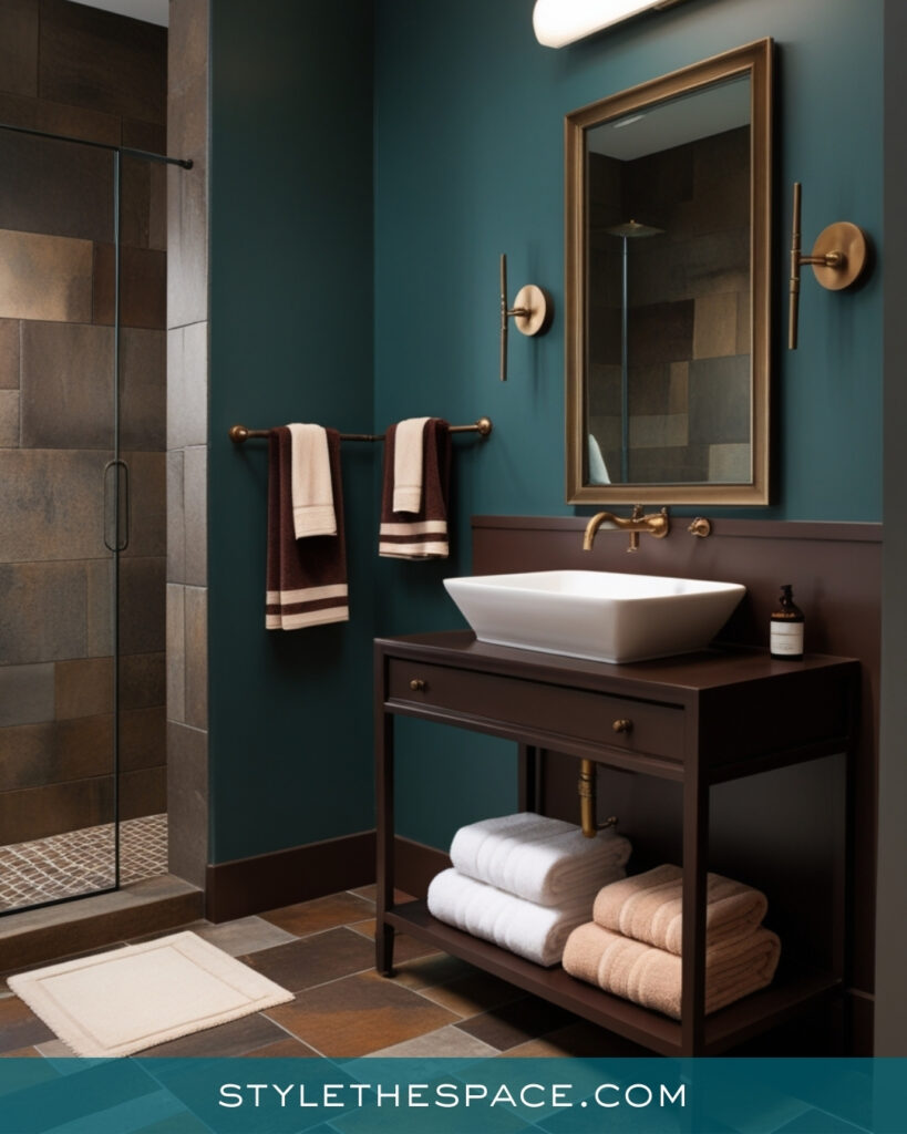 Moody Teal Bathroom With Dark Wood and Brass