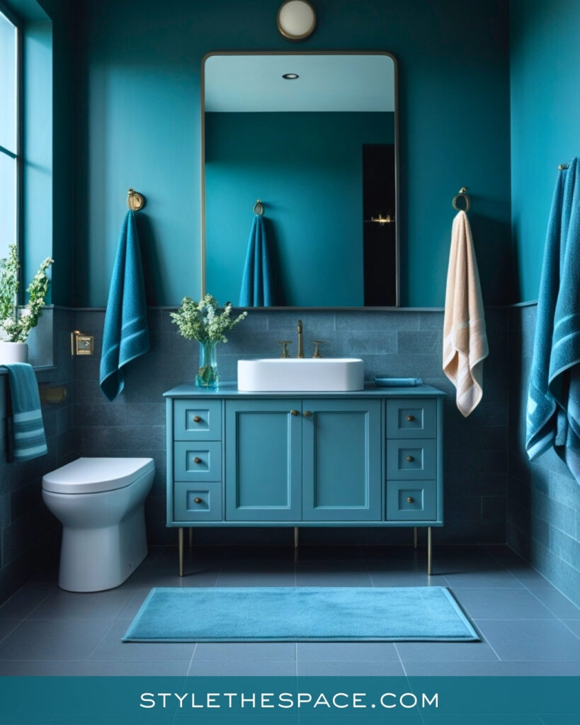 Modern Teal Bathroom With Brass Accents