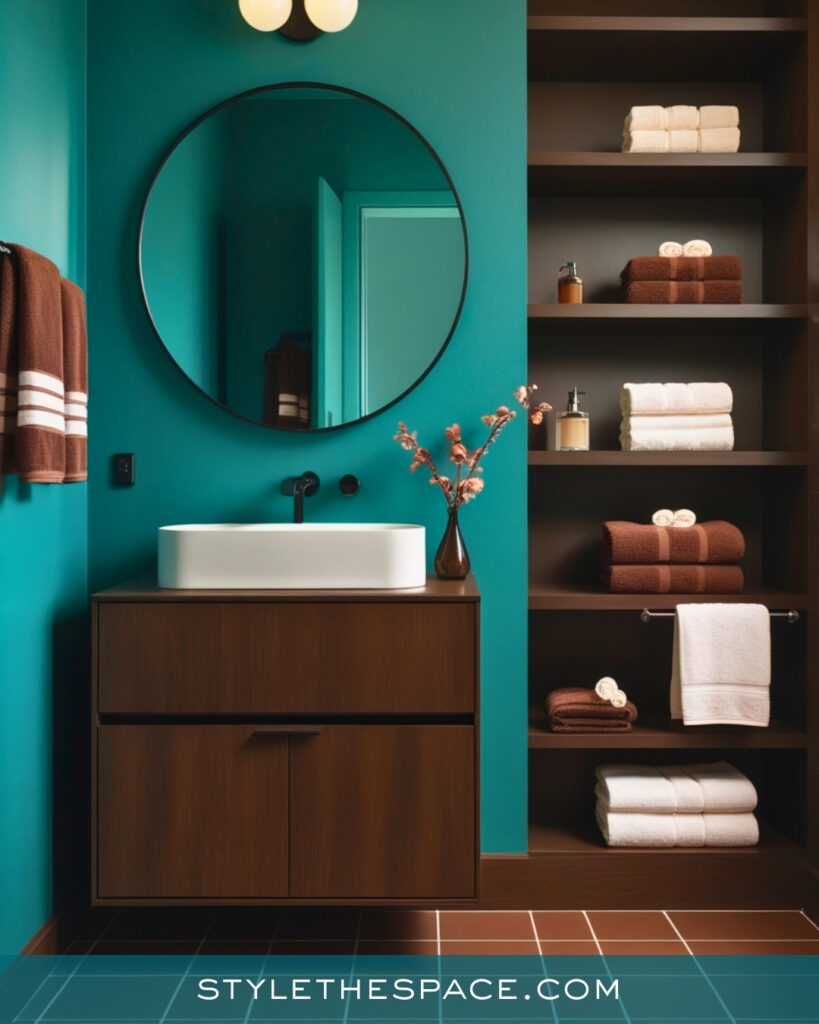 Teal Bathroom With Warm Wood Storage