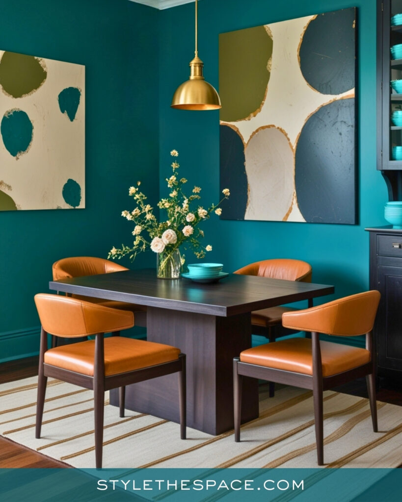 Teal Dining Room with Warm Leather and Artistic Contrast