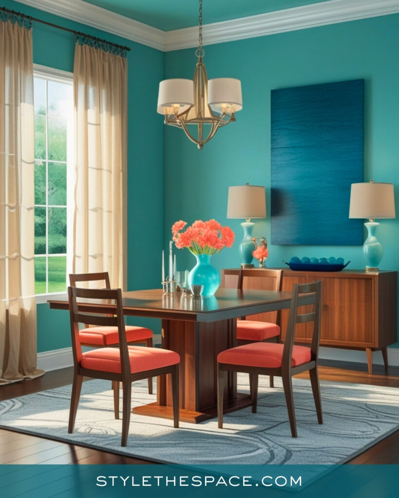 Teal Dining Room with Coral Accents and Classic Charm