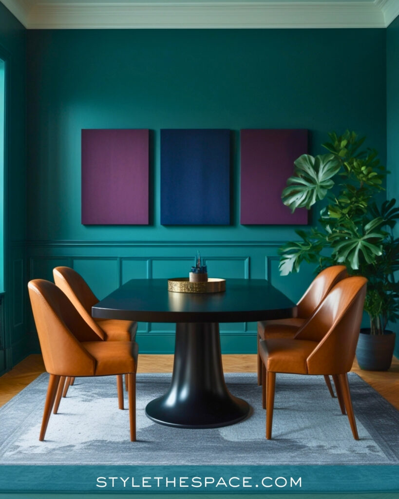 Teal Dining Room with Sculptural Table and Warm Leather