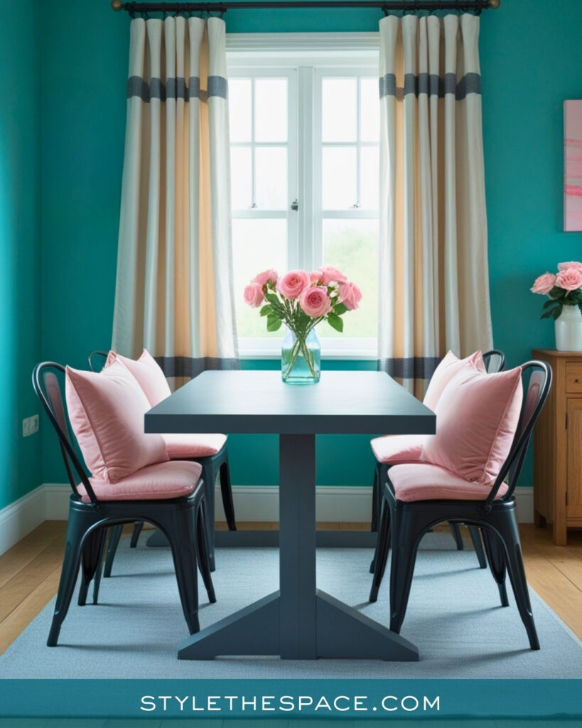 Teal Dining Room with Soft Pink and Light Neutrals