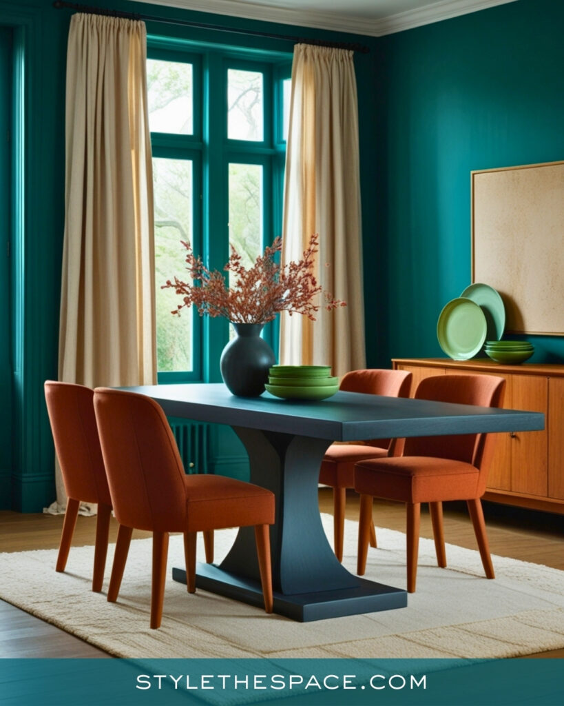 Teal Dining Room with Earthy Accents and Modern Elegance
