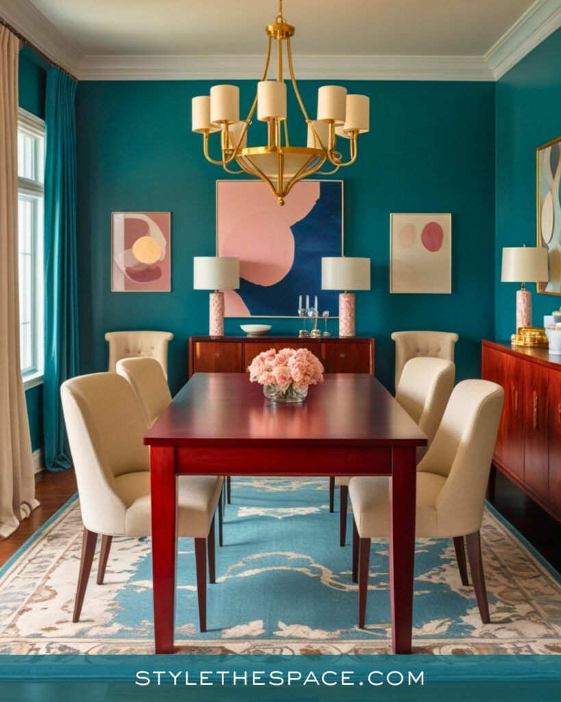 Teal Dining Room with Brass Chandelier and Soft Blush Art