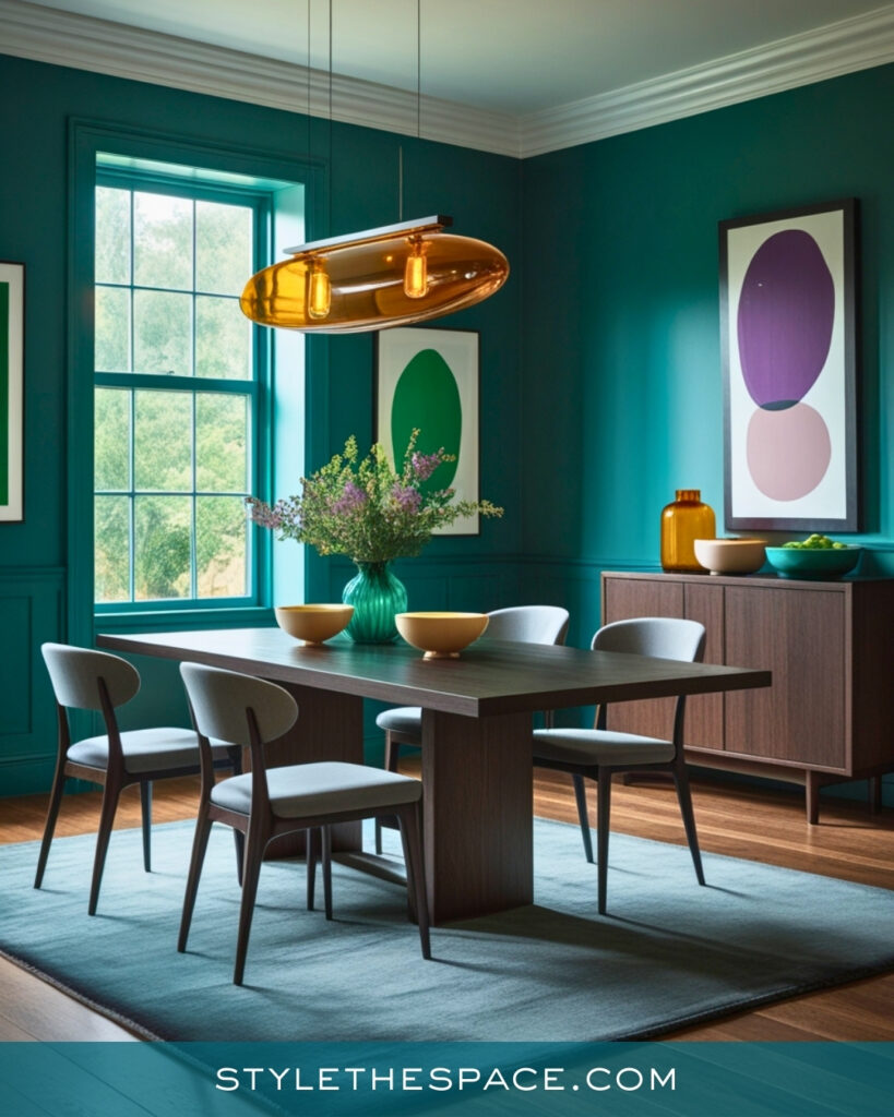 Teal Dining Room with Modern Lighting and Soft Neutrals