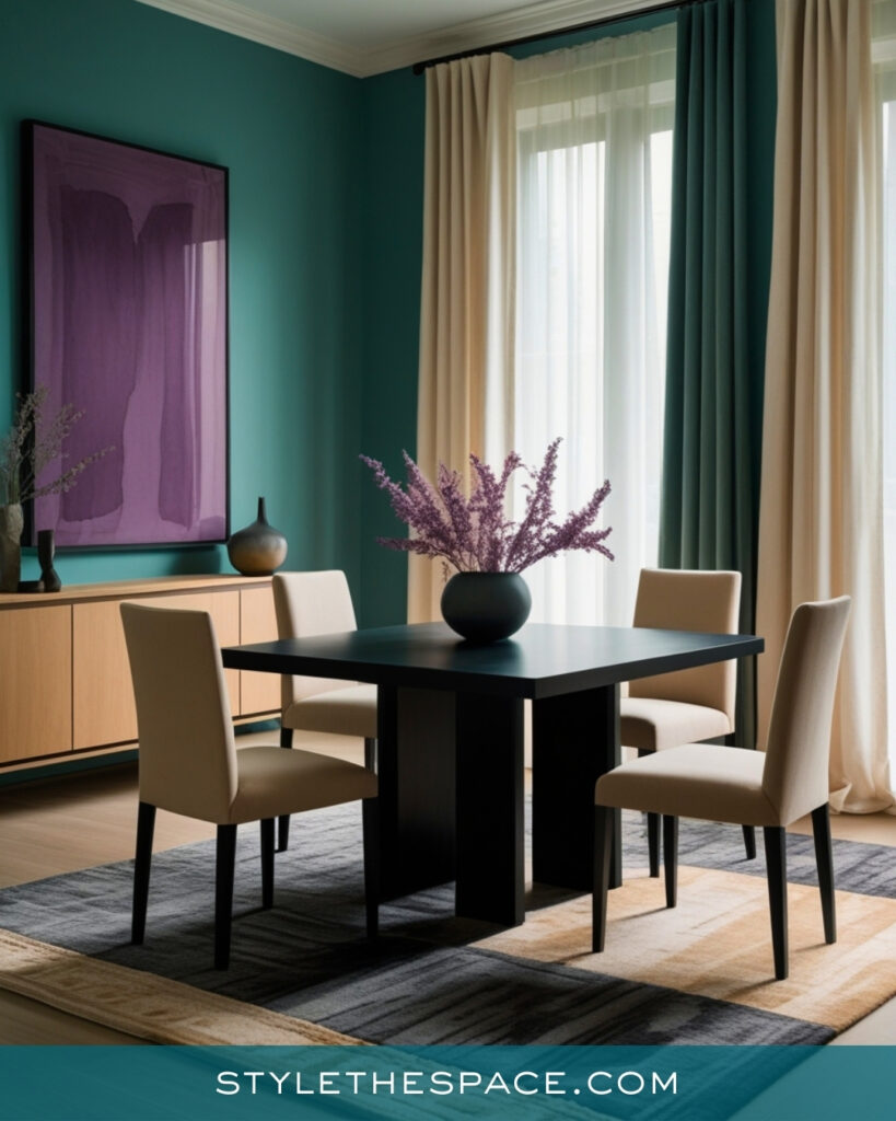 Teal Dining Room with Soft Neutrals and Modern Contrast