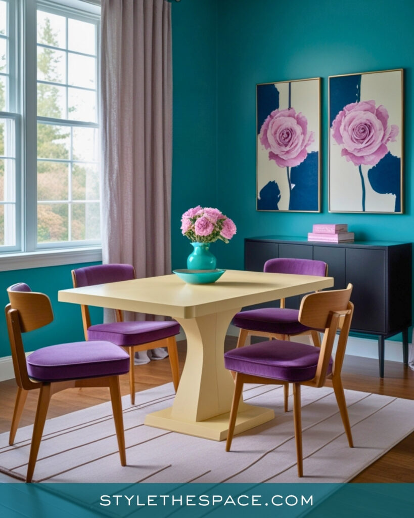 Teal Dining Room with Soft Pastels and Modern Charm