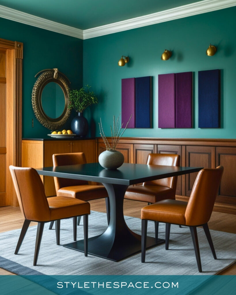 Teal Dining Room with Leather Chairs and Artistic Accents