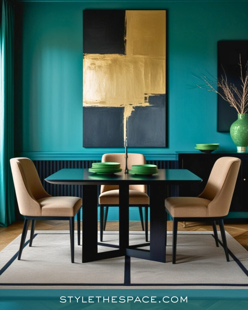 Teal Dining Room with Bold Art and Modern Contrast