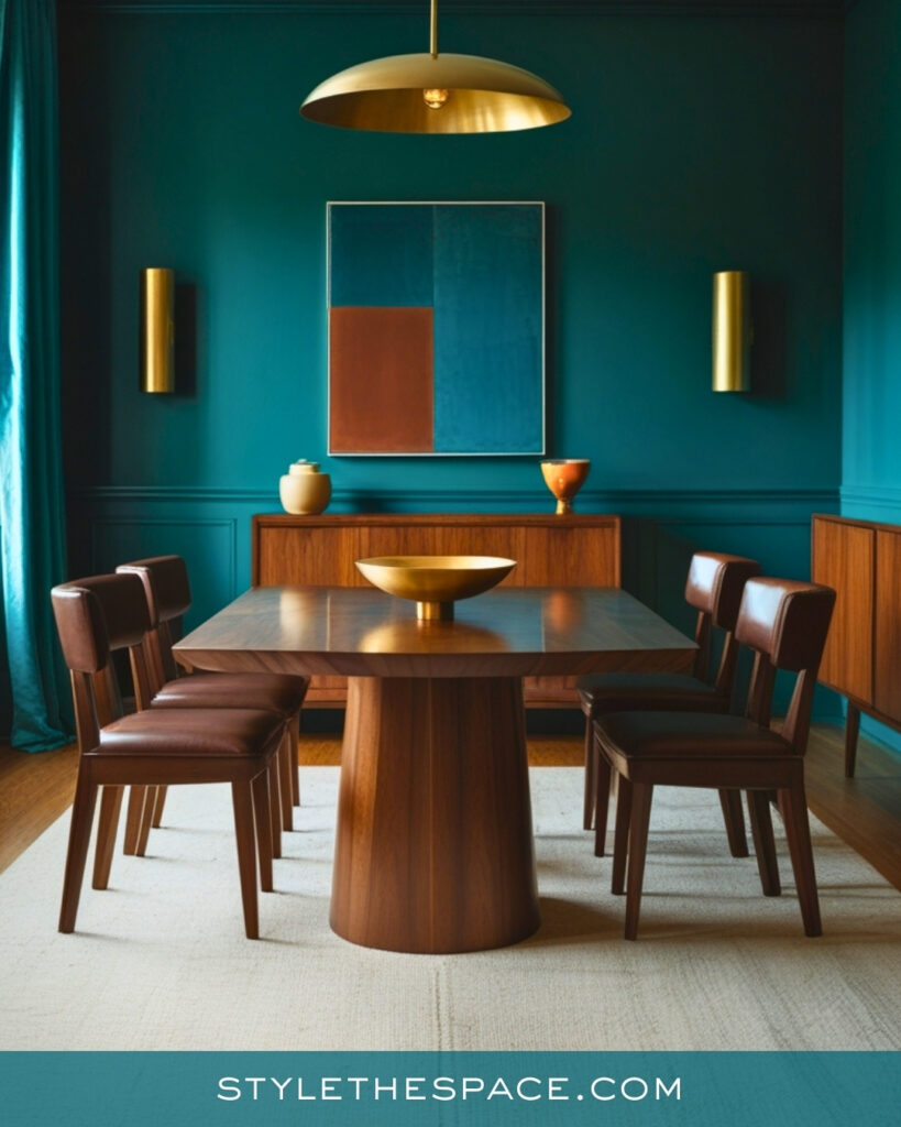 Teal Dining Room with Mid Century Wood and Brass Details