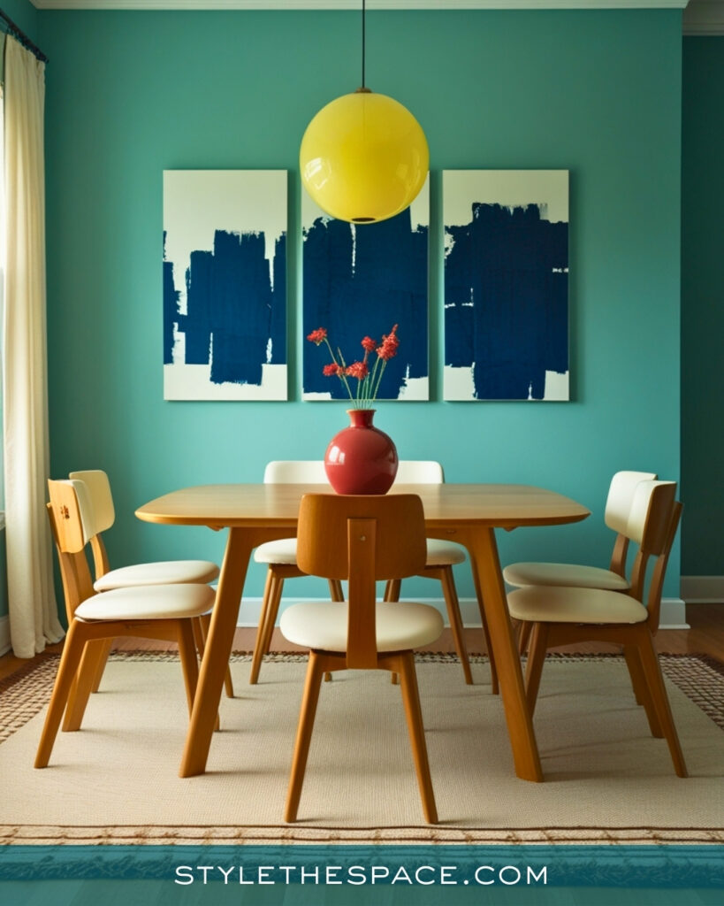 Teal Dining Room with Playful Color and Modern Wood Furniture