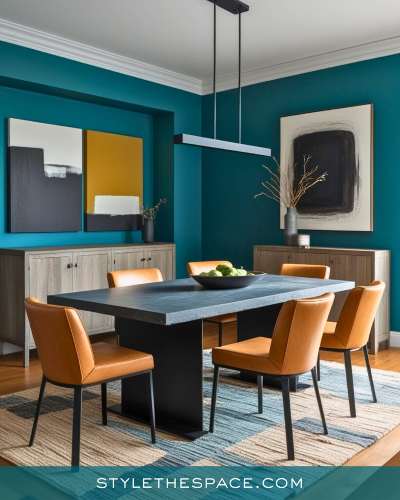 Teal Dining Room with Modern Contrast and Warm Leather Seating
