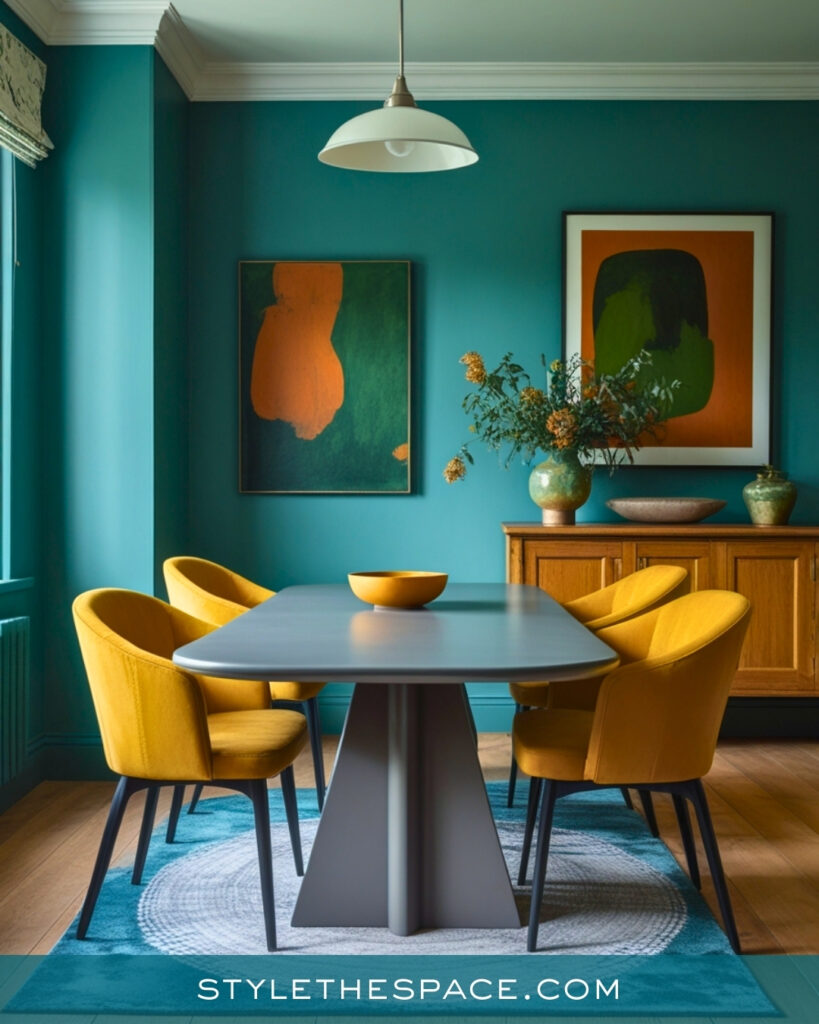 Teal Dining Room with Bold Yellow Chairs and Modern Art