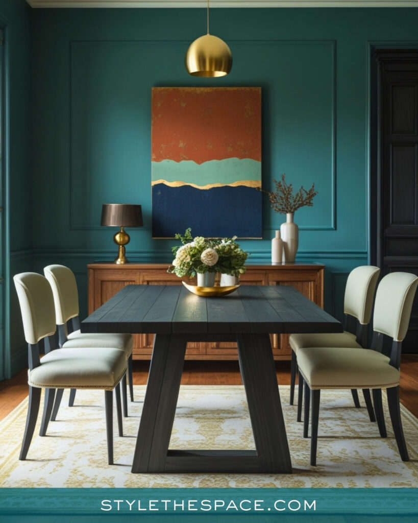 Teal Dining Room with Classic Paneling and Brass Accents