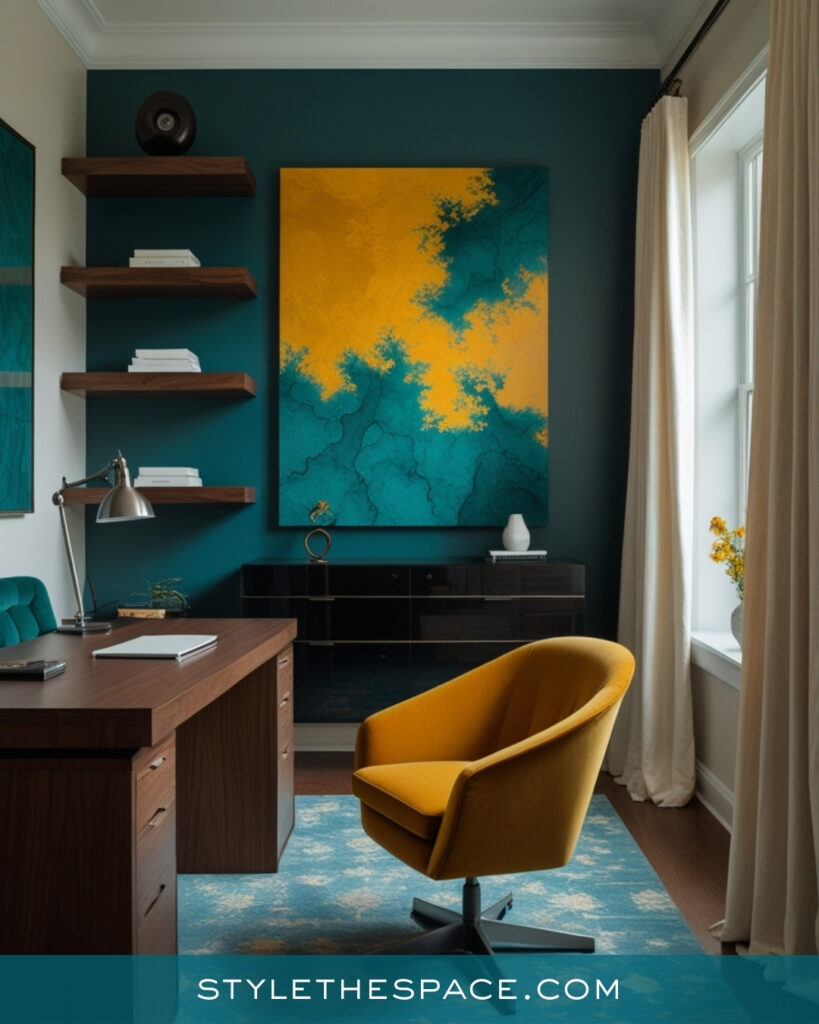 Teal Home Office With Mustard Accents and Modern Art
