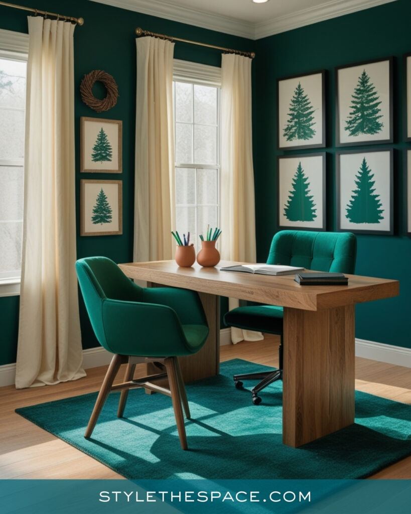 Teal Home Office With Natural Wood and Botanical Art