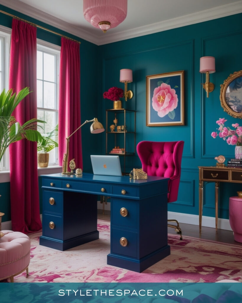 Glam Teal Home Office With Pink and Gold Layers