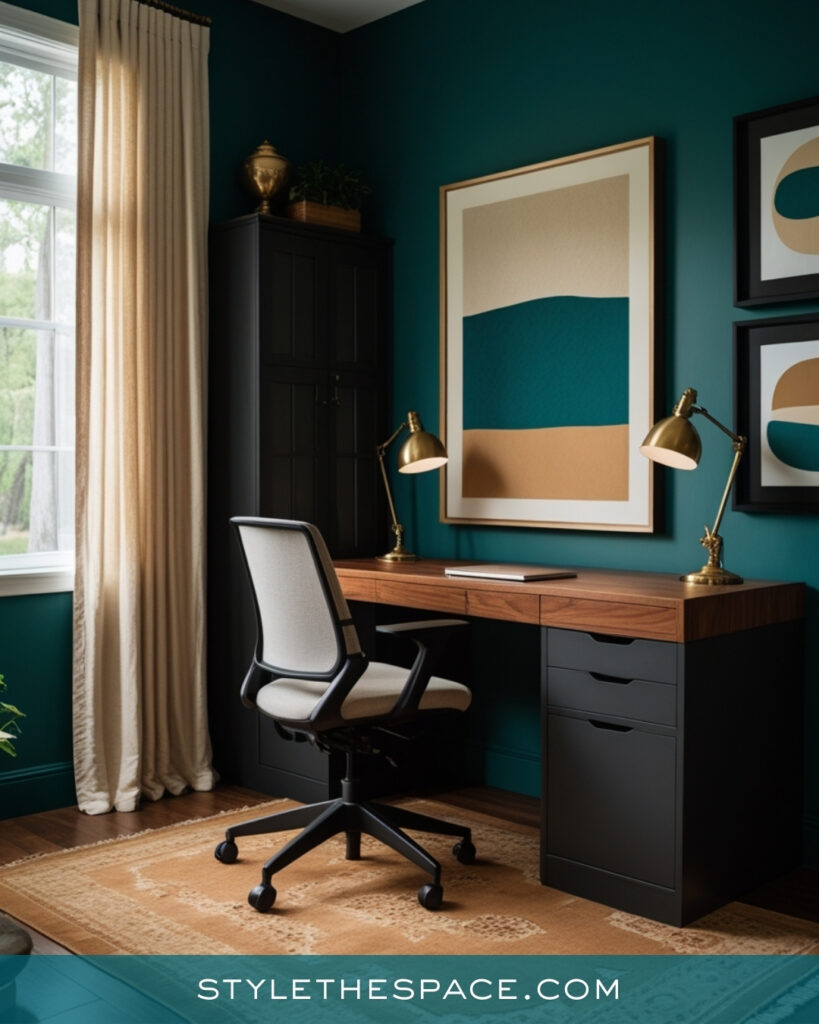 Teal Home Office With Warm Wood and Brass Details