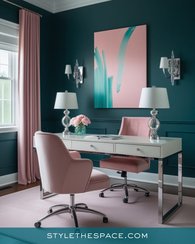 Elegant Teal Home Office With Blush and Crystal Accents