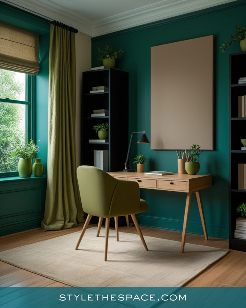 Teal Home Office With Soft Green and Natural Wood Tones