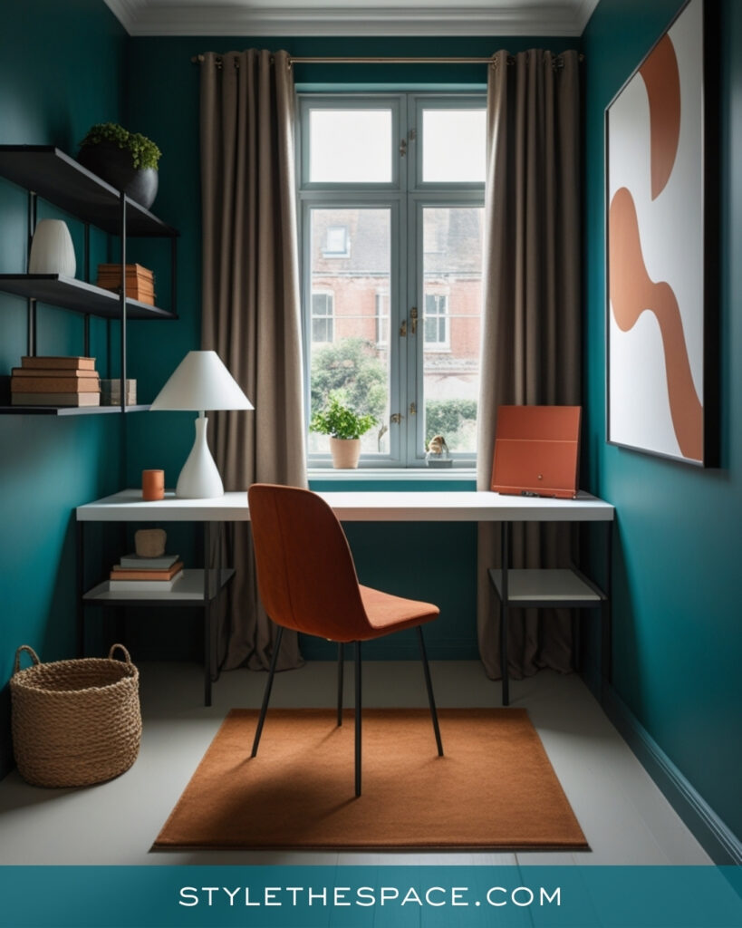 Teal Home Office With Warm Neutrals and Earthy Accents