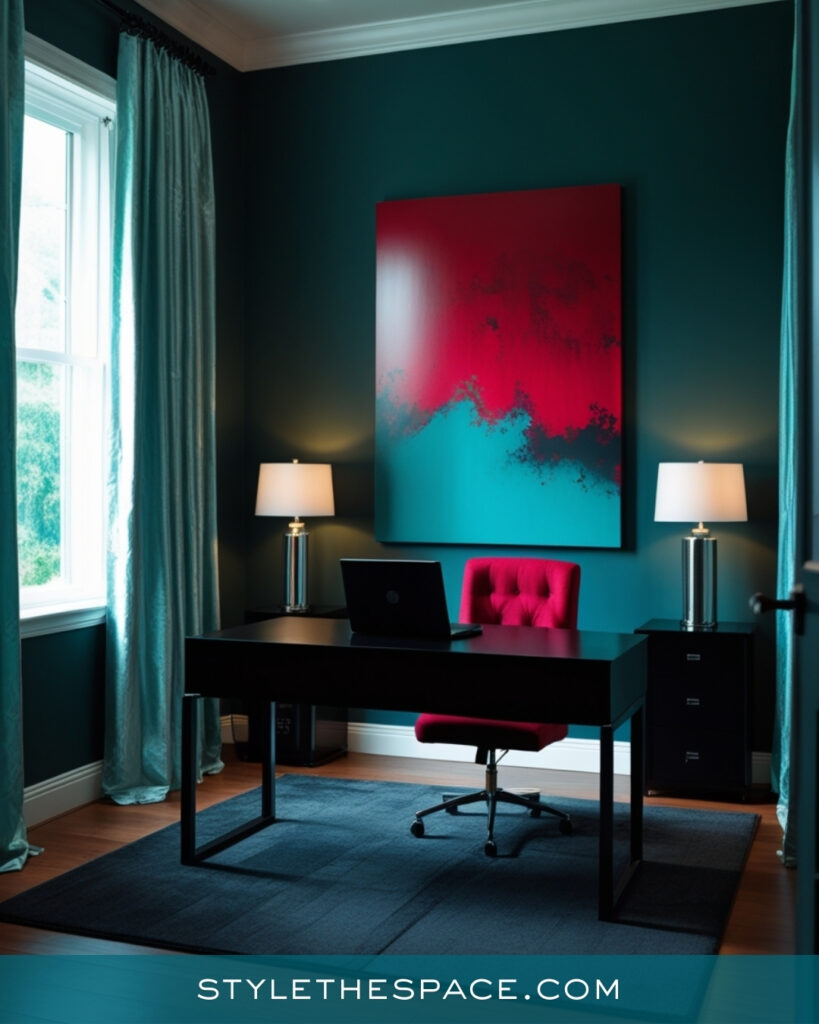Bold Teal Home Office With Red Accent Art
