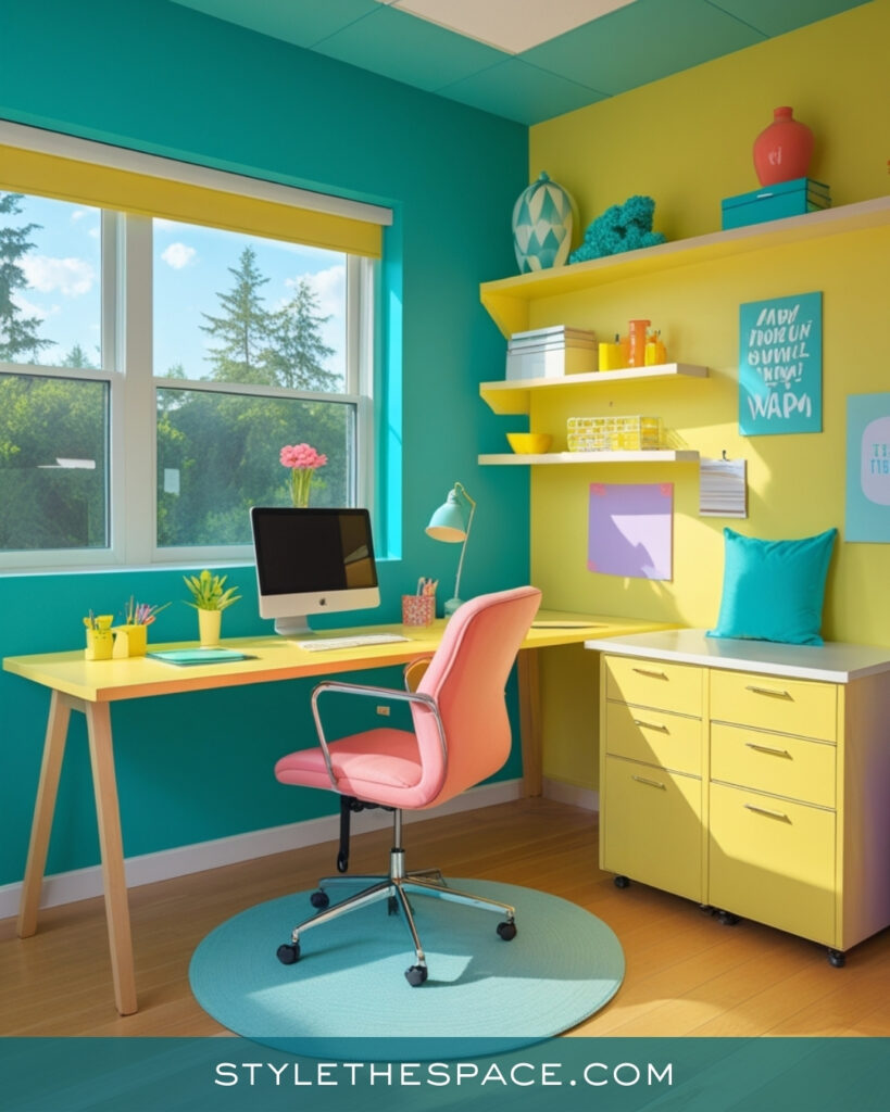 Bright Teal Home Office With Yellow and Pink Accents