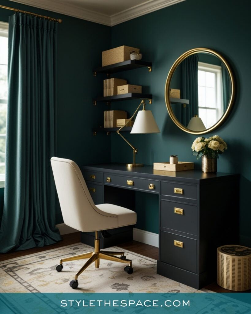 Elegant Teal Home Office With Brass and Soft Neutrals