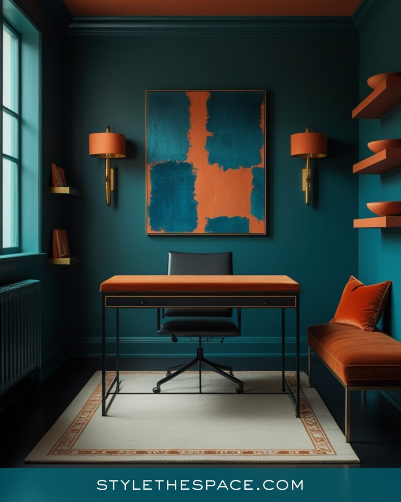 Moody Teal Home Office With Burnt Orange Accents