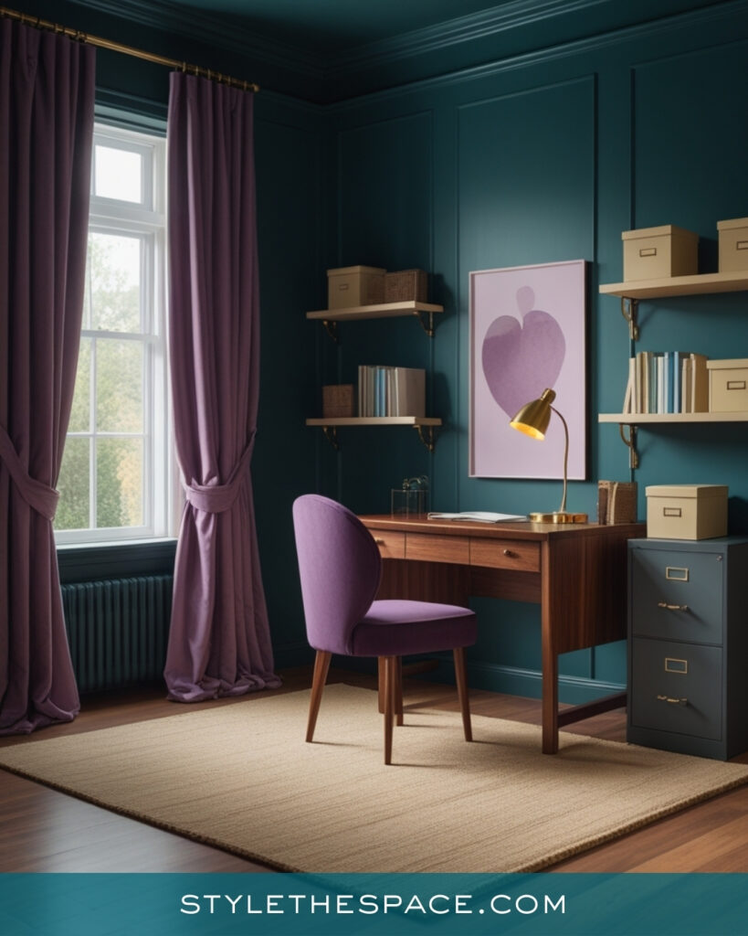Teal Home Office With Soft Purple Accents