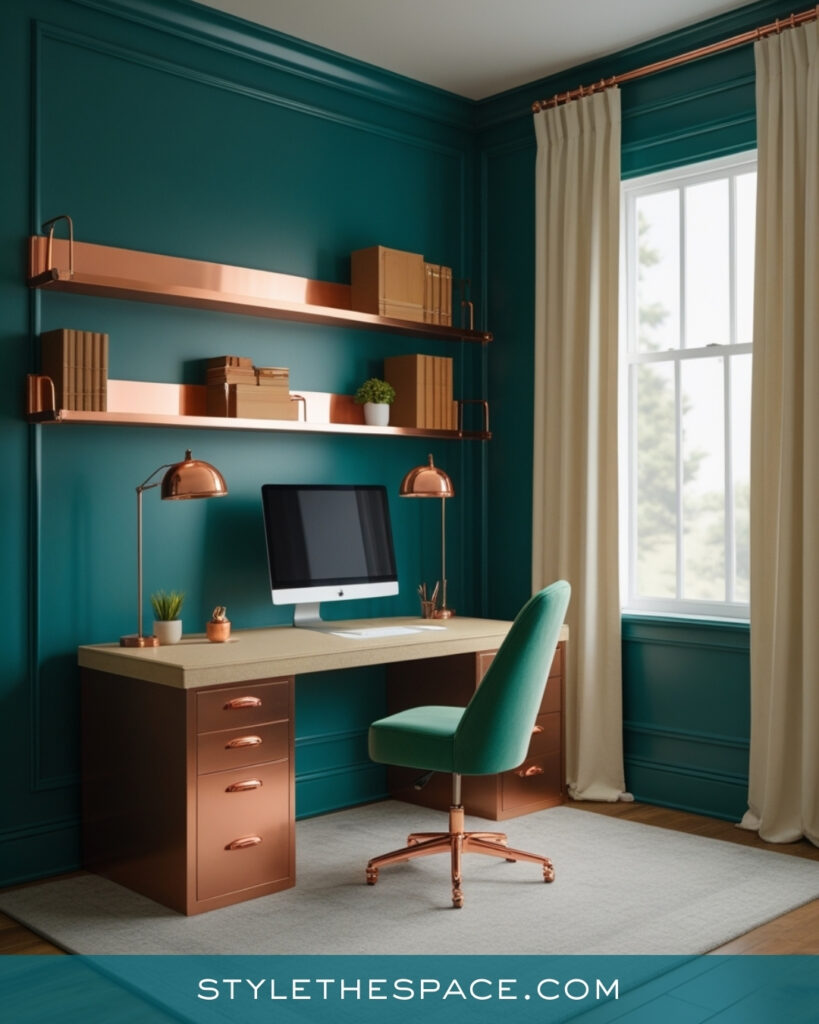 Teal Home Office With Copper and Soft Green Accents