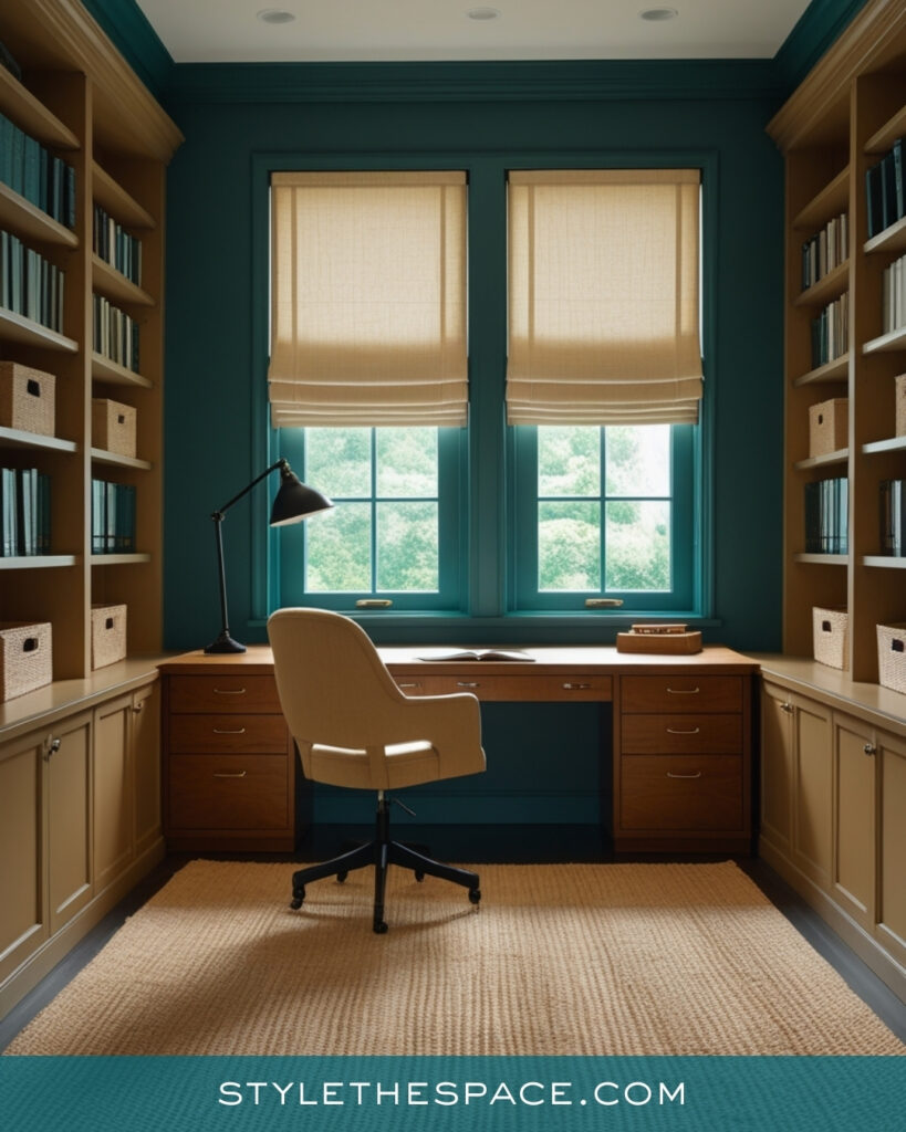 Classic Teal Home Office With Warm Wood Storage