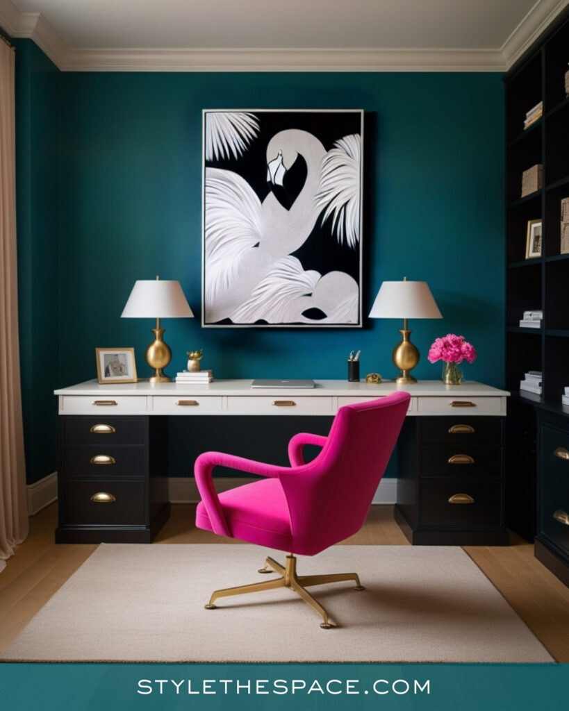 Bold Teal Home Office With Pink and Brass Accents