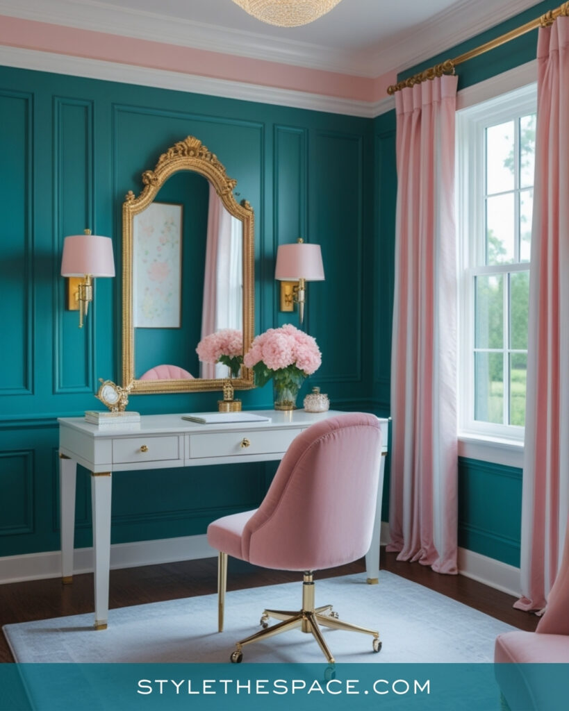 Soft Teal Home Office With Blush and Gold Details