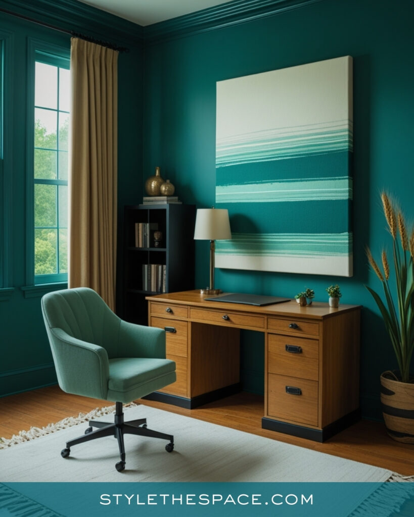 Calm Teal Home Office With Natural Wood Accents