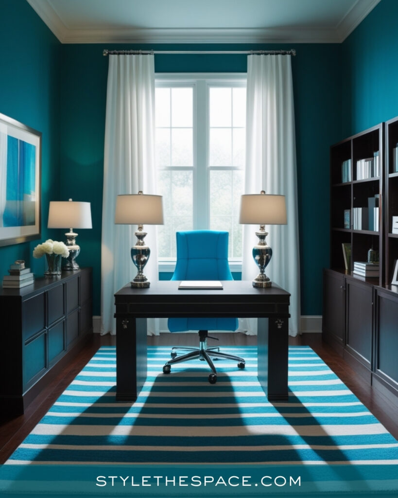 Classic Teal Home Office With Symmetry and Crisp Contrast