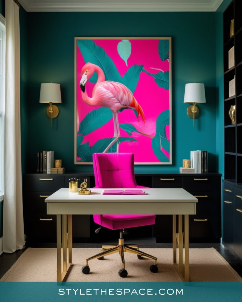 Statement Teal Home Office With Pink Artwork and Gold Accents
