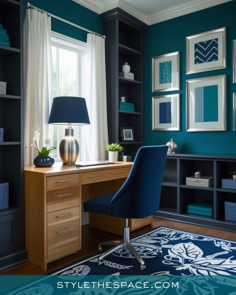 Teal Home Office With Built-In Shelving and Warm Wood Accents