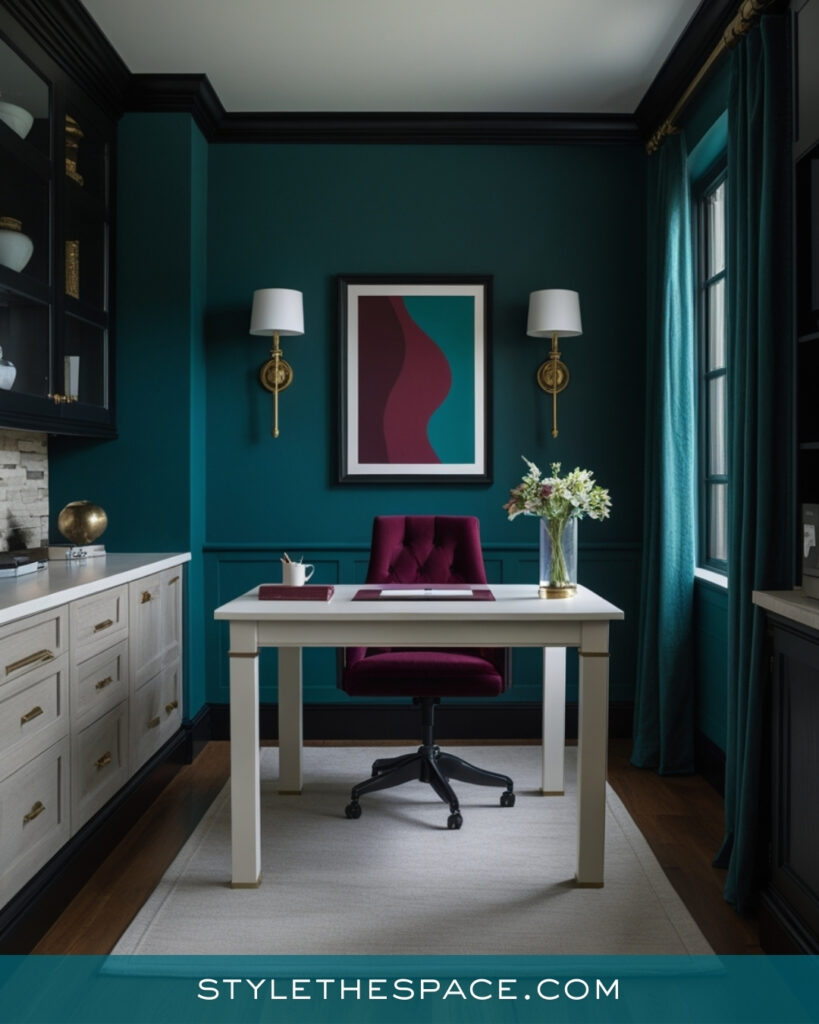 Sophisticated Teal Home Office With Plum and Gold Accents